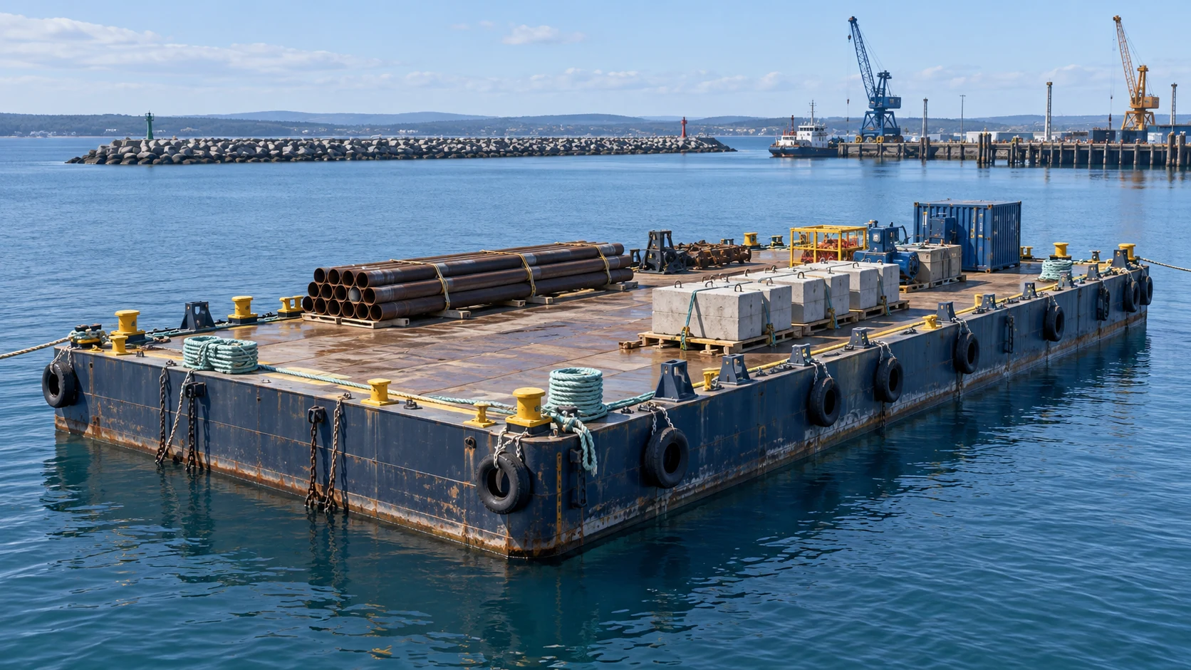Illustrative deck barge and floating work platform in sheltered water
