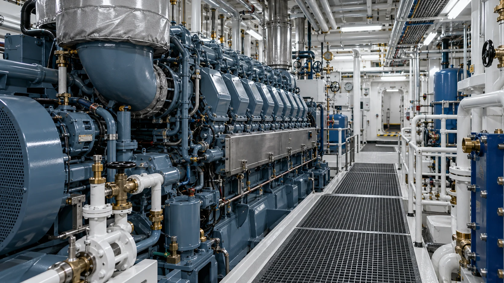 Illustrative marine engine room with machinery and piping