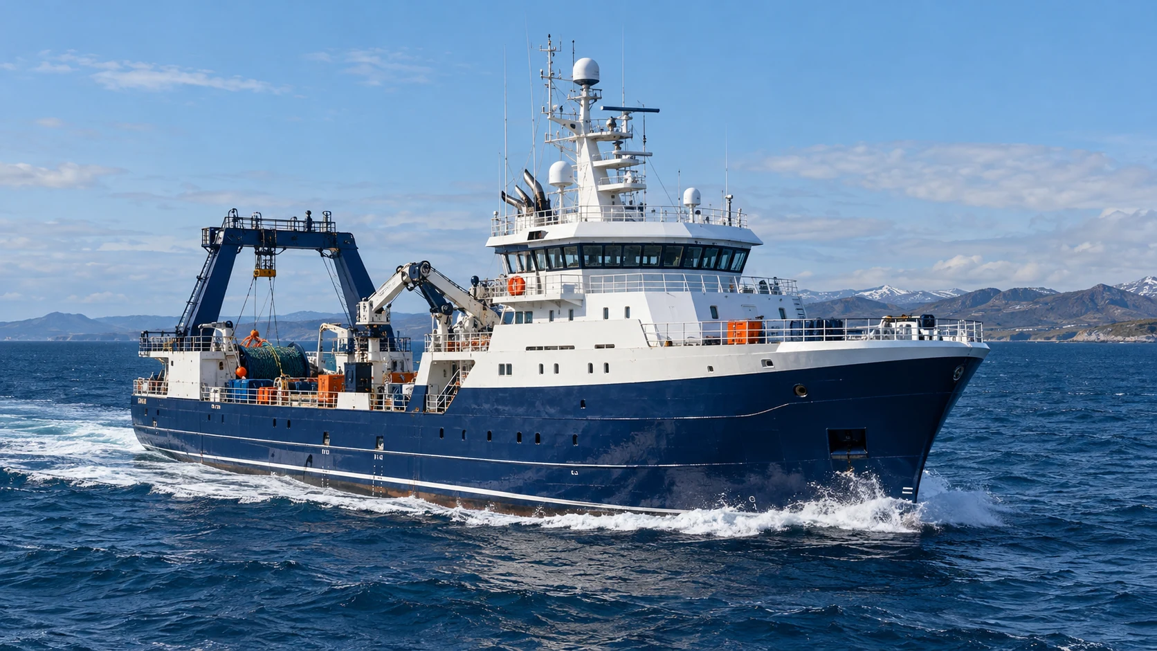 Illustrative specialist fishing and research vessel at sea