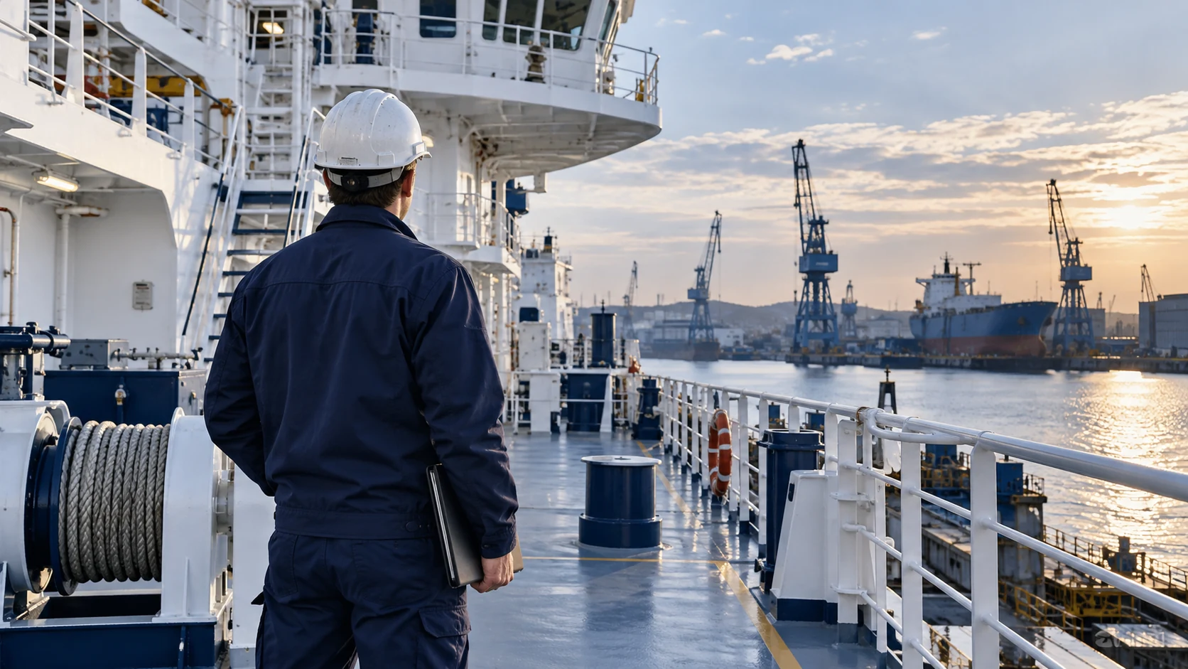 Illustrative marine technical professional reviewing a vessel working deck