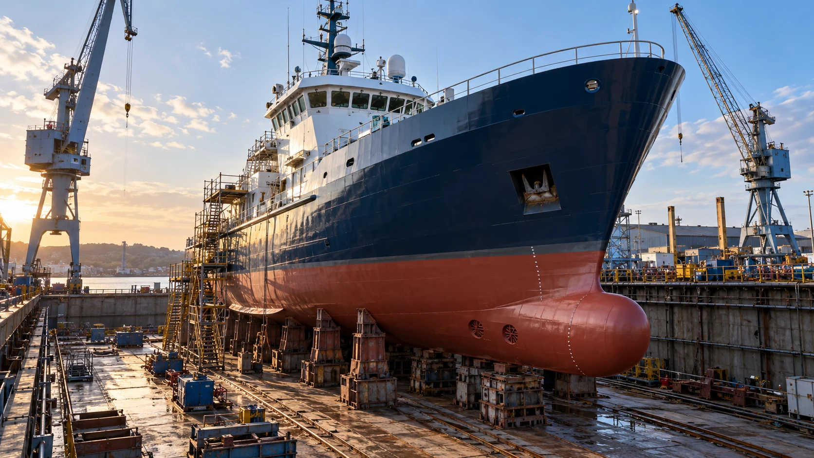 Illustrative vessel hull in a shipyard dry dock