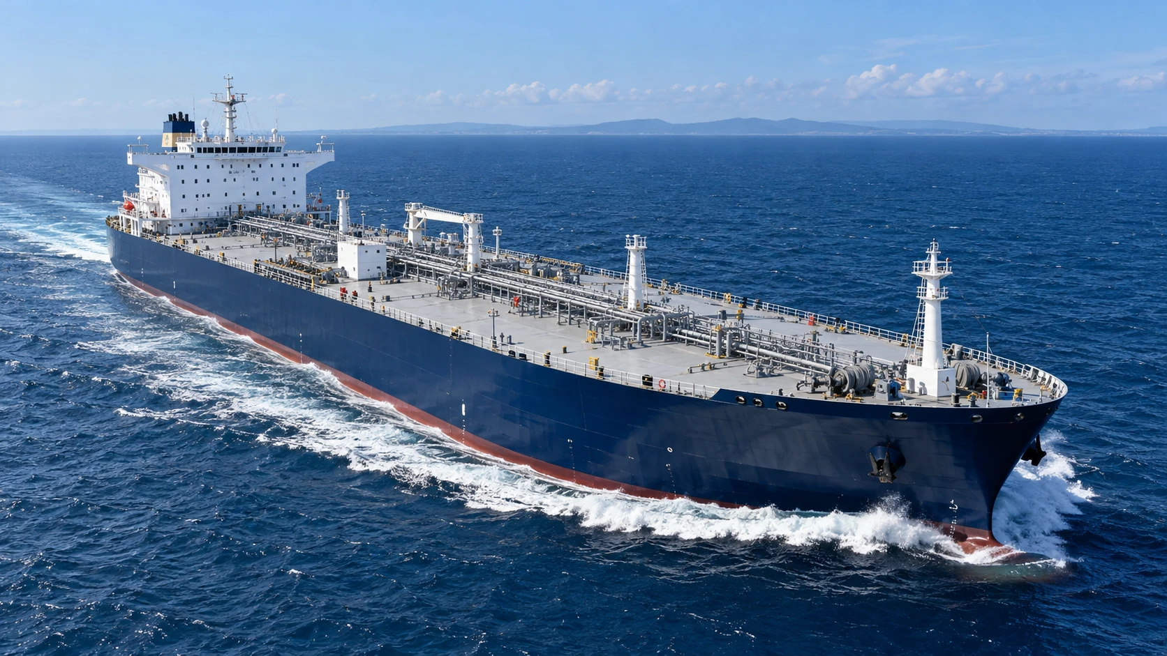 Illustrative product tanker with deck piping, viewed from the air