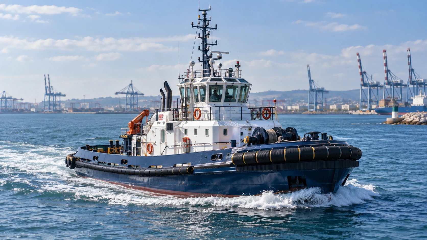 Illustrative harbour tug underway with working deck equipment